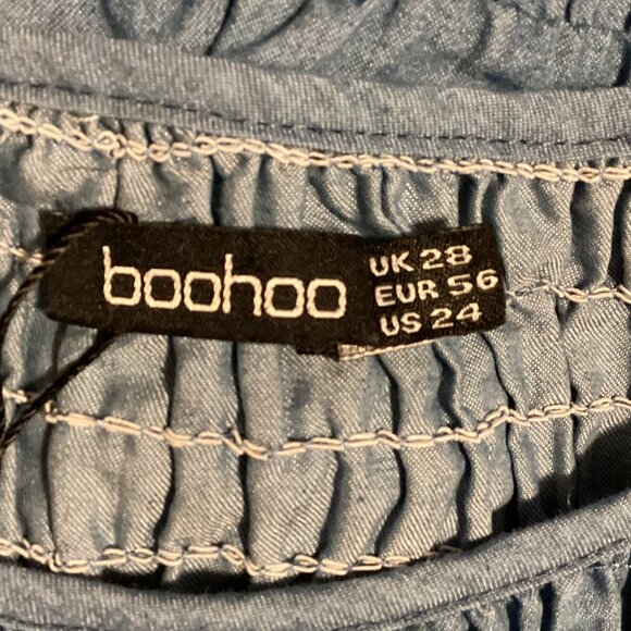 Boohoo Women's Denim Midi Dress Smocking Bodice Puffy Sleeves Ruffles Size 24 - Picture 7 of 8